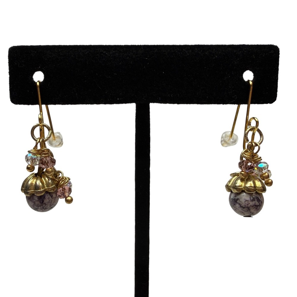Purple Marbled Stone Dangle Drop Earrings Gold Tone Crystal Faceted Bead Accents